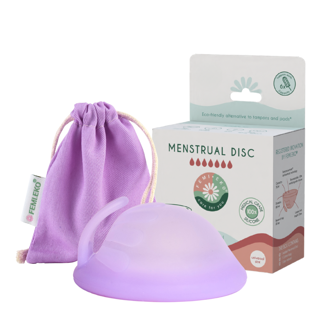 Disco menstrual seguro universal Femi.Eko®: comodidad reutilizable con tecnología antibacteriana SaniConcentrate™, capacidad de 50 ml