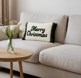 Green & Creme Merry Christmas – Cushion Cover / Kussenhoes – Christmas 35×50 cm with Fringes – Urbane Hide