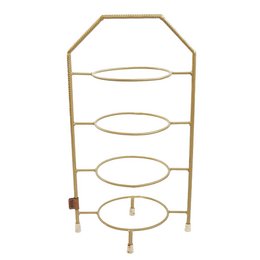 A gold-colored metal etagere with 4 oval-shaped plates for displaying cakes or other desserts. The etagere has a simple, minimalist design with clean lines and a sturdy, durable construction.