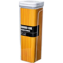Airtight kitchen storage jar with white lid, made of acrylic, measures 11x11x8cm, suitable for storing dry goods like pasta, rice, or spices.