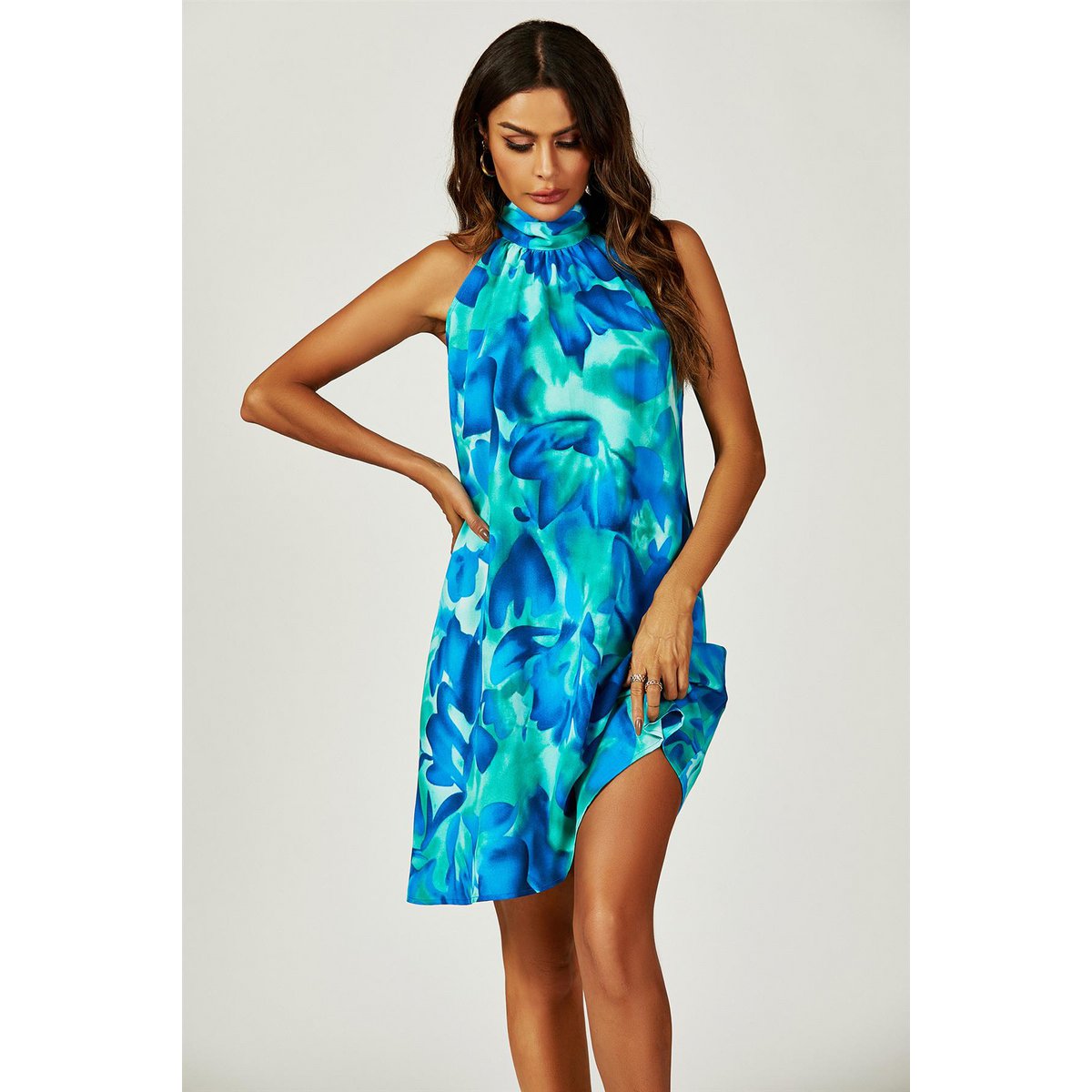 Abstract Floral Stampa Halter Neck Tie Back Mini abito in blu