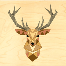 Geometric origami deer head with antlers, brown and tan polygonal style, minimalist modern art poster
