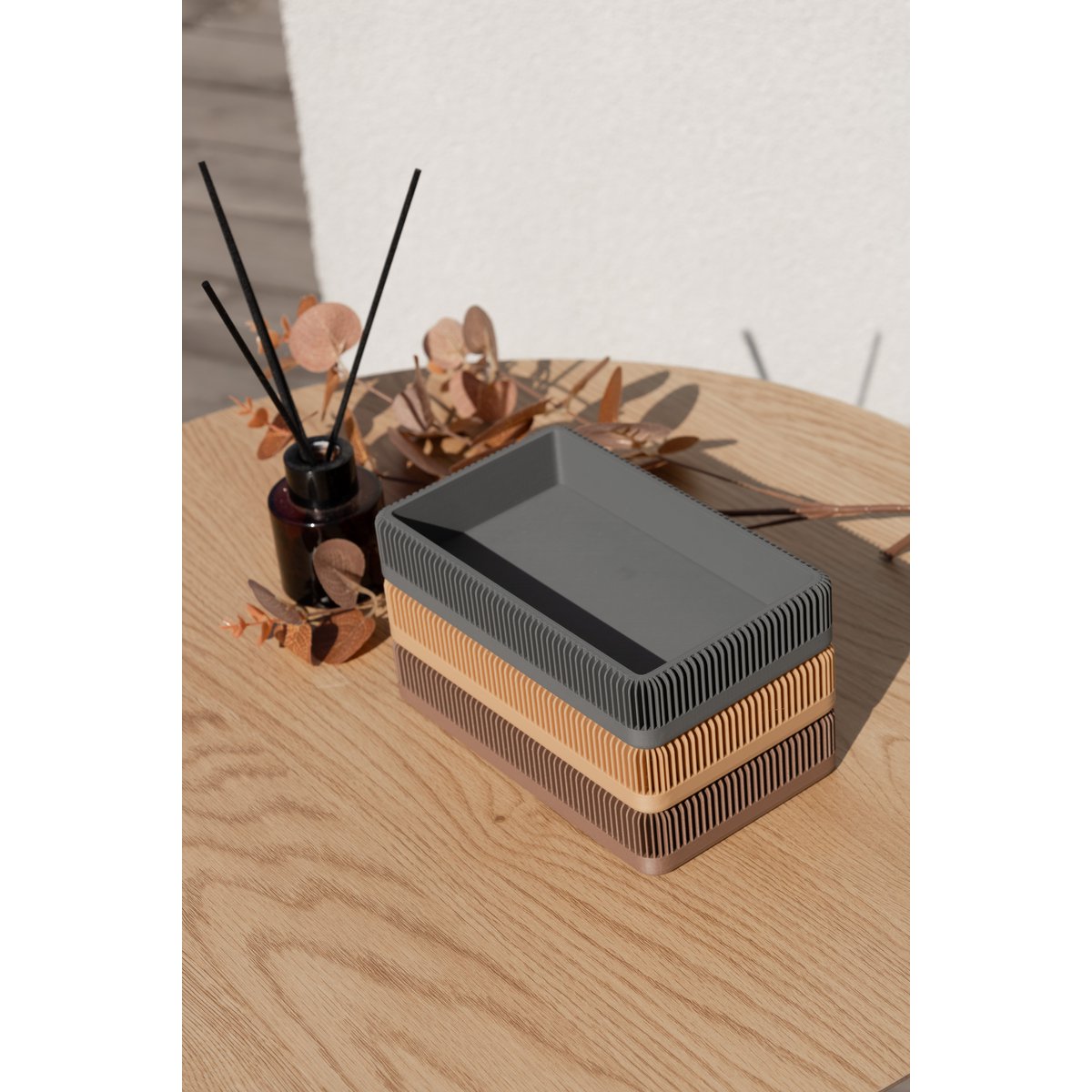 Modern Ribbed Square Organizer in Earthy Tones – Minimalist Desk, Vanity, or Home Storage Solution, Minimalist Modern Office Design Decor