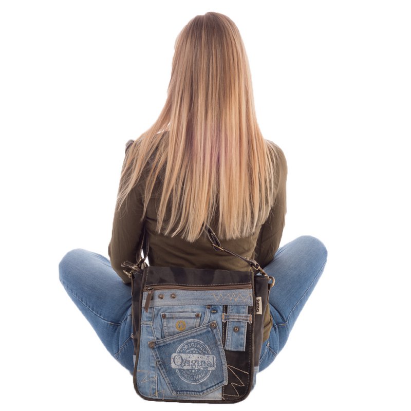 Bolso Bandolera Sostenible Mujer Sunsa. Cartera hecha de jeans reciclados y lona (canvas). Bolso bandolera con forma de mensajero. Bolso bandolera de estilo vintage. Bolso bandolera grande para mujer.