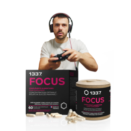 Dietary supplement product called 1337 FOCUS, containing capsules in a black container with pink text.