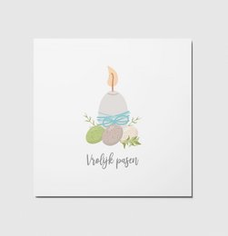 Pastel-colored Easter postcard with a candle and floral elements. Ideal for sending Easter greetings.