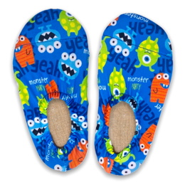Blue slippers with colorful monsters, geometric triangles, non-slip sole, kids beach shoes.