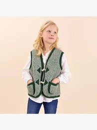  A pink, fuzzy, sleeveless cardigan for kids. Made of soft, warm material. Available in sizes 98-104, 110-116, 122-128, 134-140, and 146-152.