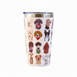  Colorful travel mug featuring an assortment of cute dog faces and breeds, including Labrador, Poodle, Bulldog, and more. Made of durable stainless steel with a spill-proof lid.