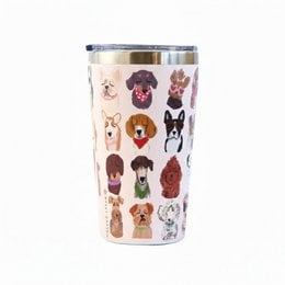 Colorful travel mug featuring an assortment of cute dog faces and breeds, including Labrador, Poodle, Bulldog, and more. Made of durable stainless steel with a spill-proof lid.