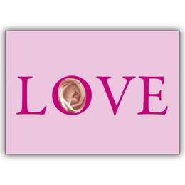 Romantic pink love card with rose. Includes envelope and blank insert. Vibrant pink card with the word "LOVE" in large text and a rose design.