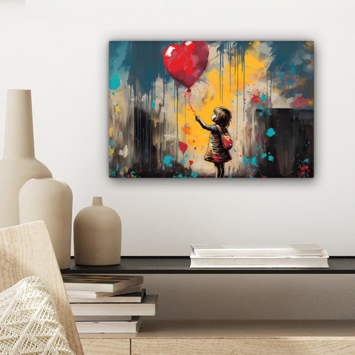Canvas schilderij  - Wanddecoratie Meisje - Ballon - Hart - Graffiti - Muurdecoratie woonkamer - Slaapkamer decoratie - Kamer accessoires - Schilderijen op canvas
