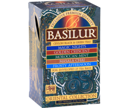 Assortment of 25 tea bags in an oriental-style box. Includes a variety of black, green, and herbal teas.