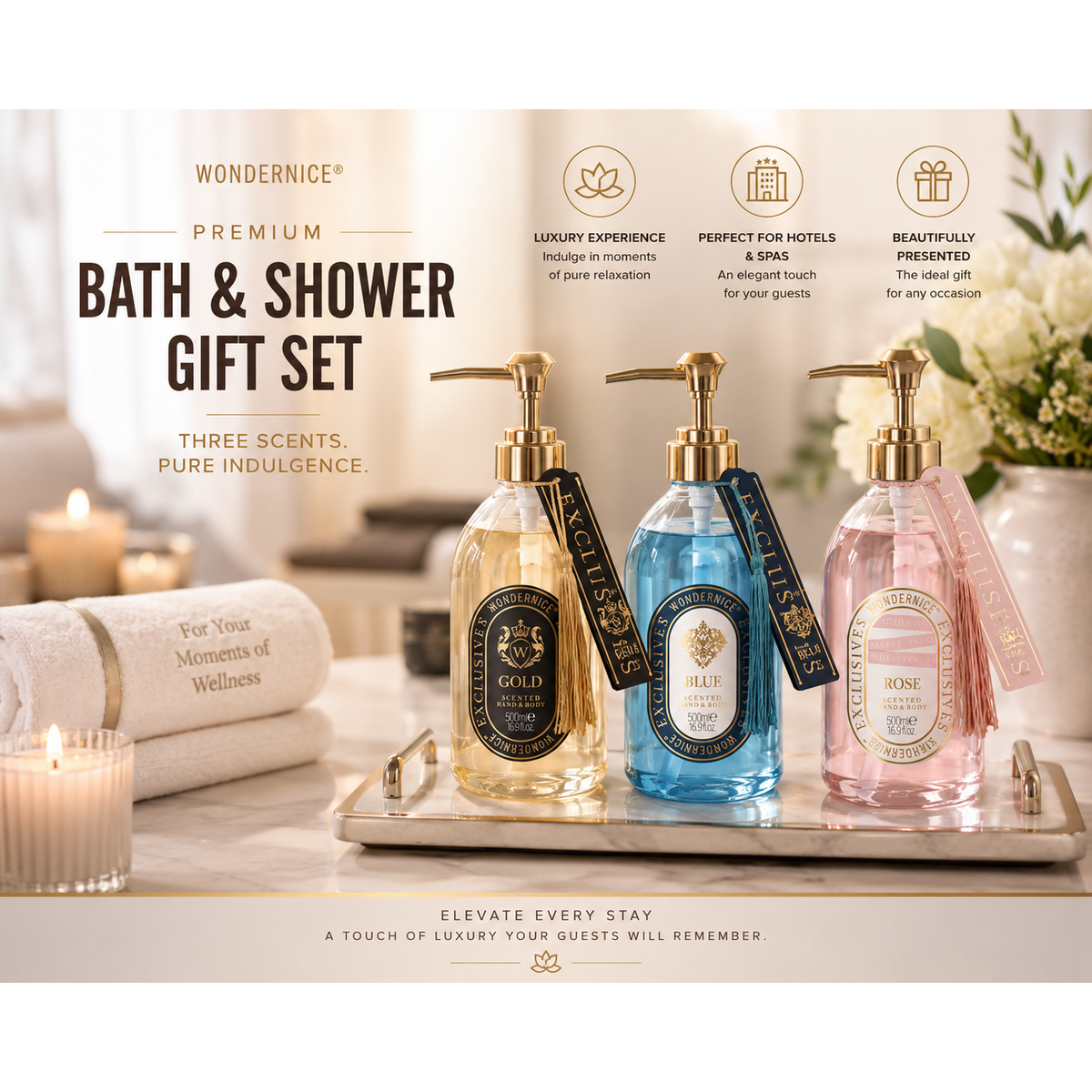 Savon pour les mains parfumé de 500 ml dans un distributeur 3 modèles différents