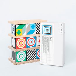 Colorful wooden building blocks with various geometric shapes and patterns, suitable for construction toys.