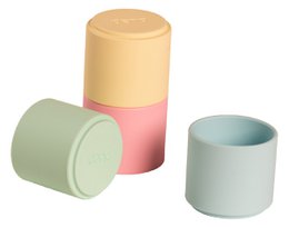 Pastel-colored stacking cups made of durable plastic material, suitable for use as baby toys.