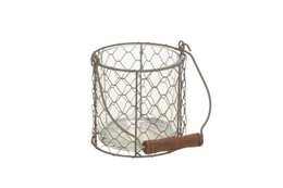 A round, wire mesh lantern with a wooden handle. The lantern has a rustic, vintage-inspired design.