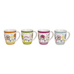 Porcelain mugs with colorful floral patterns, assorted designs, 350ml capacity, decorative botanical prints.