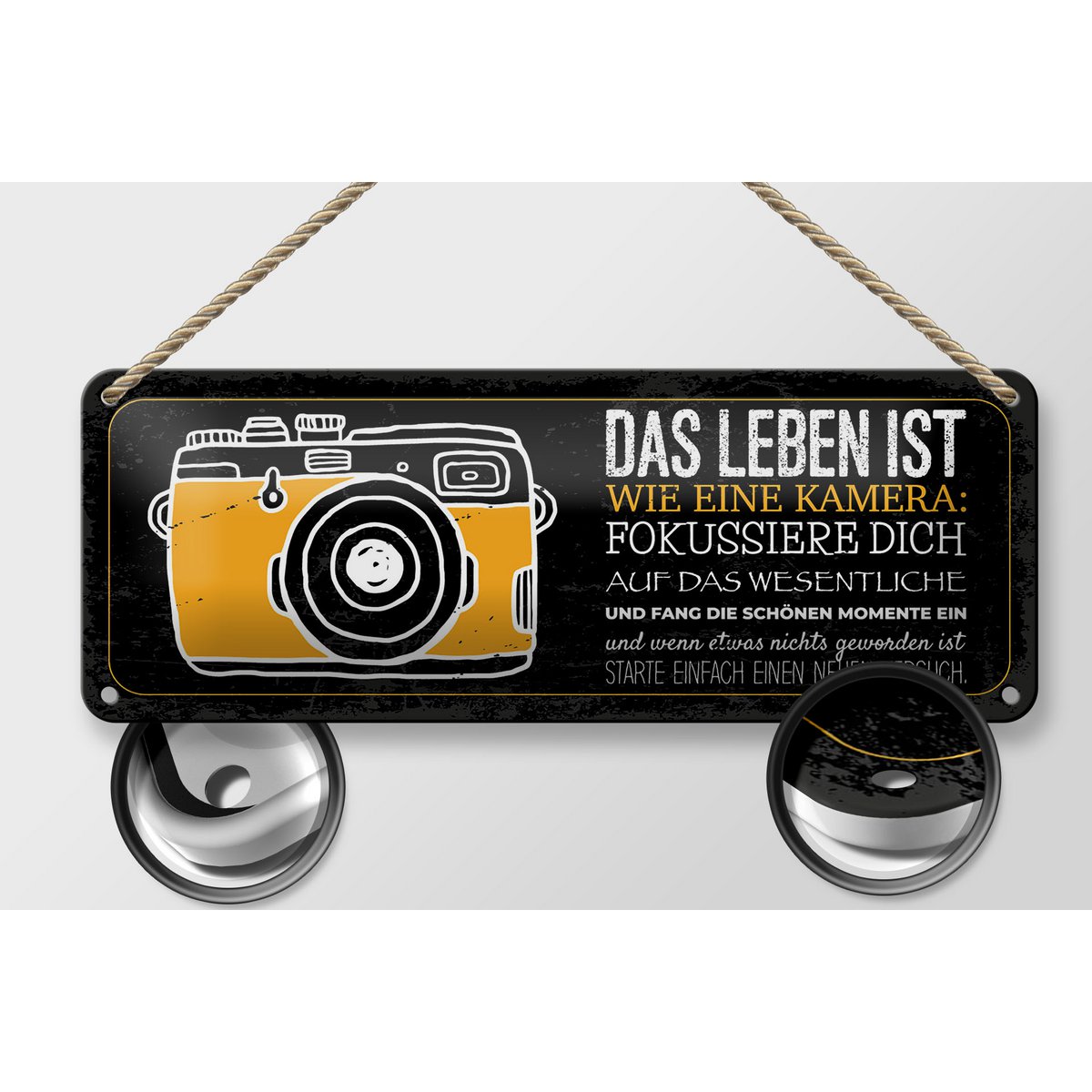 Tin sign saying 27x10 cm Life is like a camera Focus on the essentials