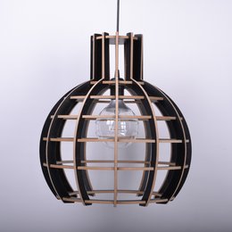 A semi-black, globe-shaped pendant light with a metal grid design. The light fixture has a modern, industrial style and is suitable for use in pendant lighting applications.