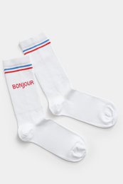 Organic socks Bonjour - white tennis socks with stripes and lettering