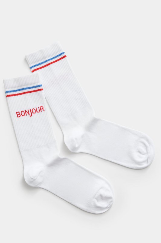 Organic socks Bonjour - white tennis socks with stripes and lettering