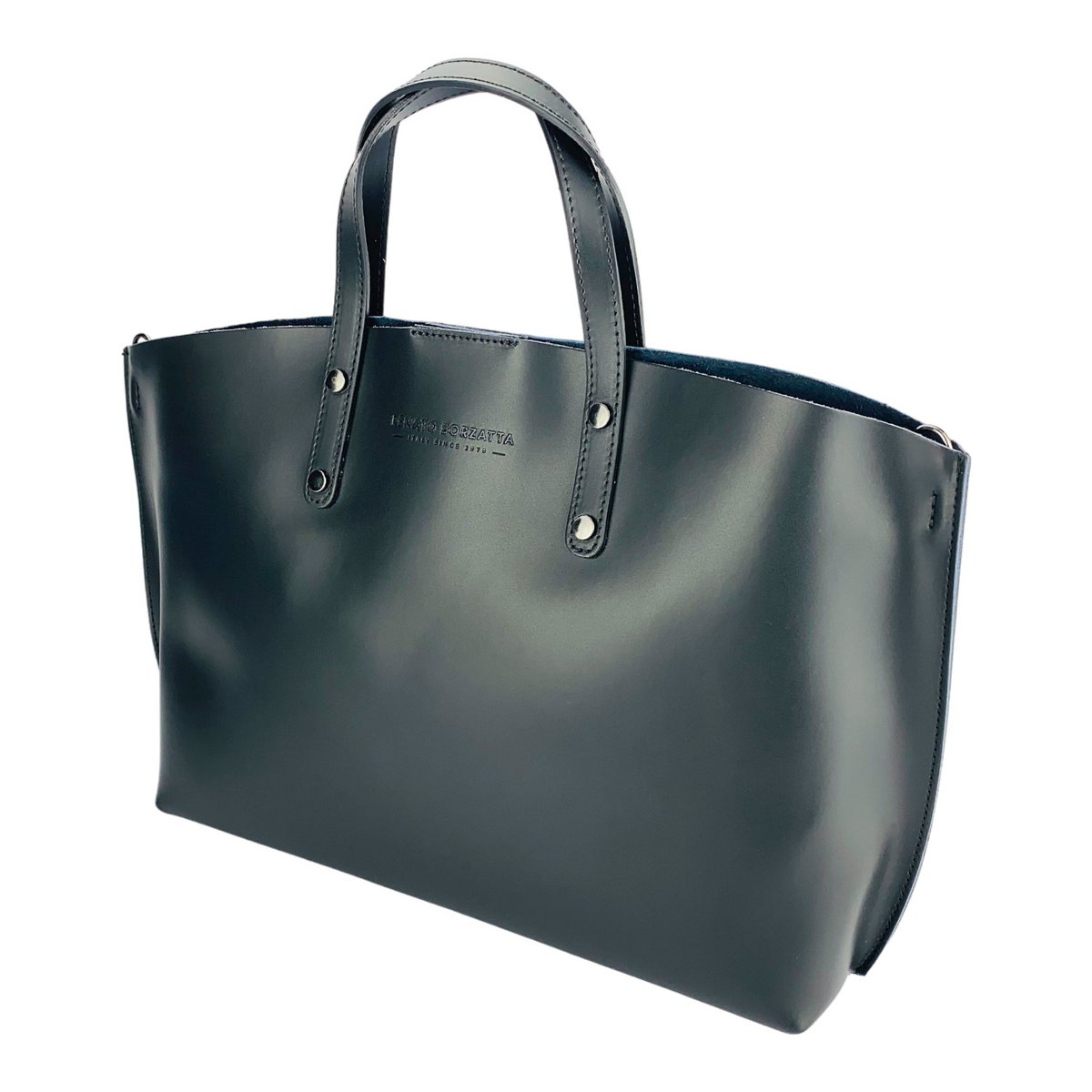 RB1024A | Damehåndtaske i ægte læder Fremstillet i Italien med aftagelig skulderrem. Stor indvendig aftagelig taske. Poleret gunmetal tilbehør - Sort farve - Mål: 48x31x11 cm