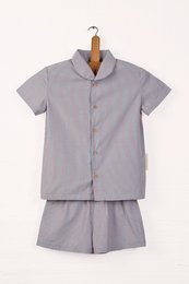 Gray kids pajama set with short-sleeved top and shorts. Available in sizes 2-12 in mix, green, and gray color options.