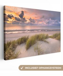 Lærredsmaleri - vægdekoration - solnedgang - klit - strand - planter - hav