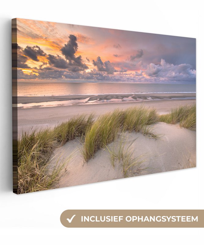 Lærredsmaleri - vægdekoration - solnedgang - klit - strand - planter - hav