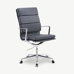 Grey leather and chrome office chair with a tall, rectangular backrest and swivel base.
