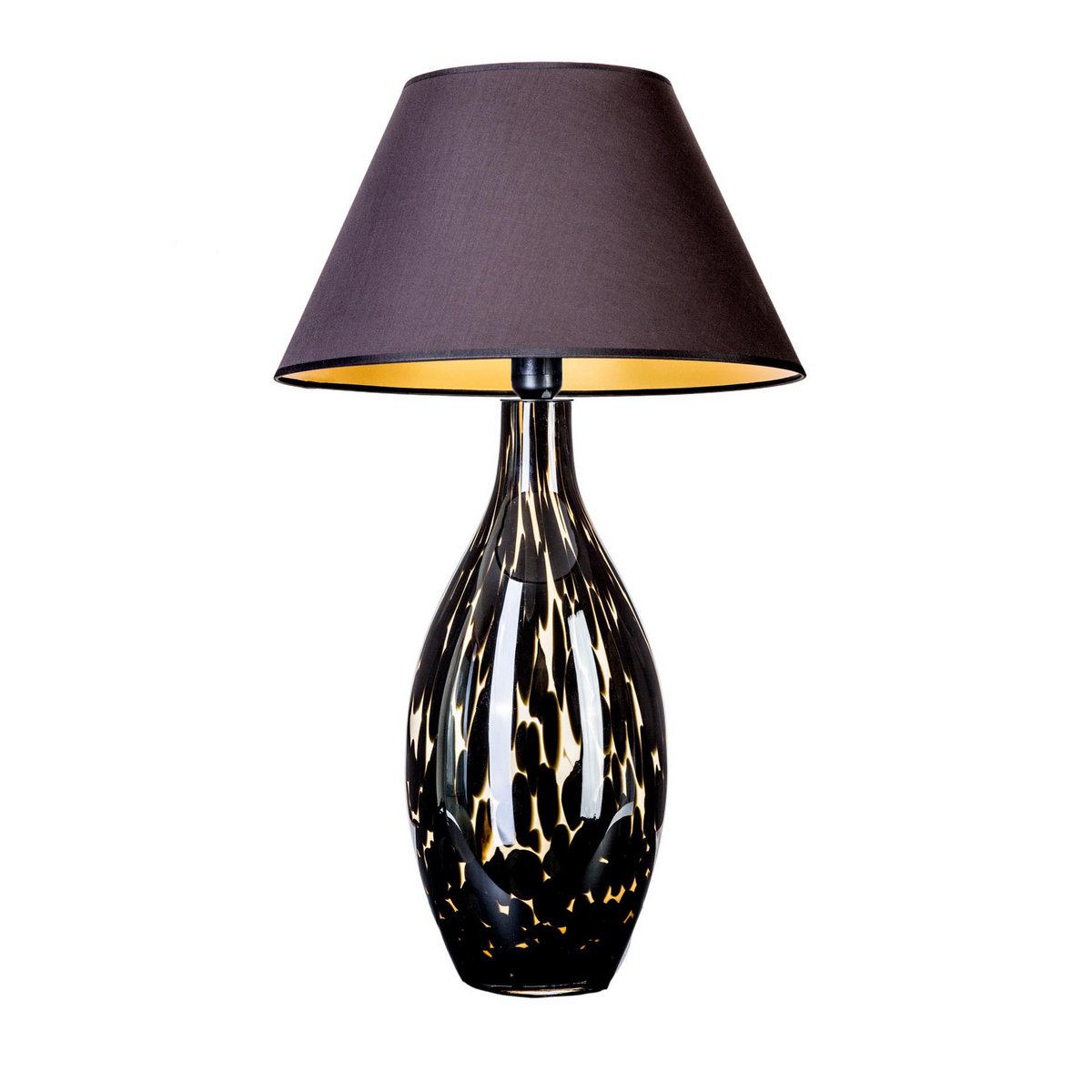 Bordlampe af glas smal plettet med sort lampeskærm