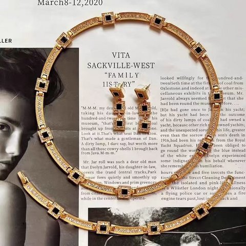 Geometrisches Schmuckset aus schwarzem Onyx im Vintage-Stil