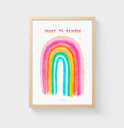 Colorful rainbow wall art print in pink, blue, and yellow tones. Whimsical and vibrant design with the text "Follow the rainbow" in a playful font.
