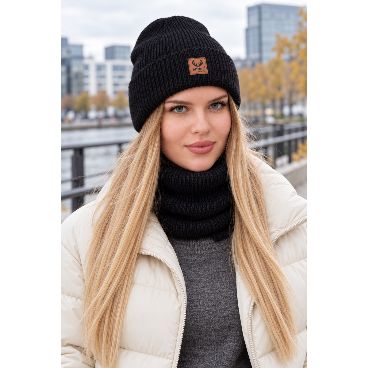 Ensemble bonnet et écharpe BRIGID - 100% laine mérinos - noir