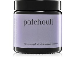 A tall, round candle made from 100% natural rapeseed wax with a patchouli scent.