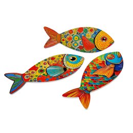 Colorful decorative fish coasters, multicolored patterns, dolomite material, set of three assorted designs.