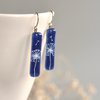 Dandelion earrings in cobalt blue, Long dangle bar, Glass and sterling silver