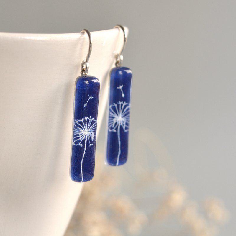 Dandelion earrings in cobalt blue, Long dangle bar, Glass and sterling silver