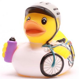Colorful rubber duck toy with a cyclist outfit, including a helmet and bicycle. Suitable for children's bath time or playtime.