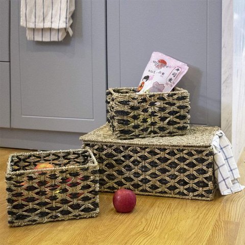 Set 3 Korbbehälter aus Korbgeflecht mit Deckel und Griff für Heimorganisation | Decor Schrank Wicker Deckelkörbe für Regale mit Einlegegriffen | Strohdraht gewebter Aufbewahrungsorganisator für Küche, Speisekammer