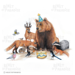 Felice giorno dell'"Orso", biglietto di compleanno, biglietto di auguri, uccelli