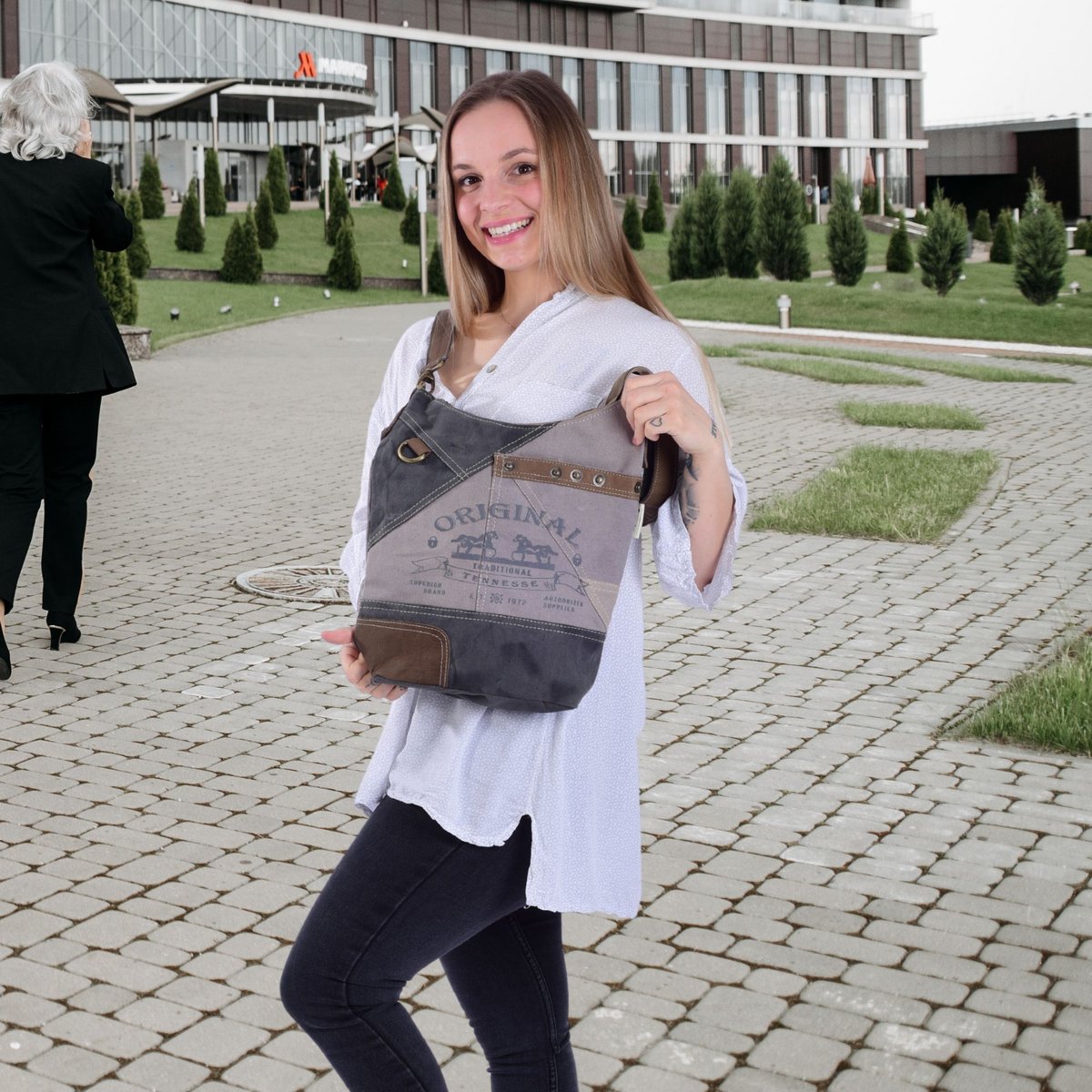 Sunsa dames schoudertas. Handtas gemaakt van canvas (canvas) & leer. Schoudertas in vintage stijl. Grote crossbody tas voor dames met paardenmotief grijs zwart