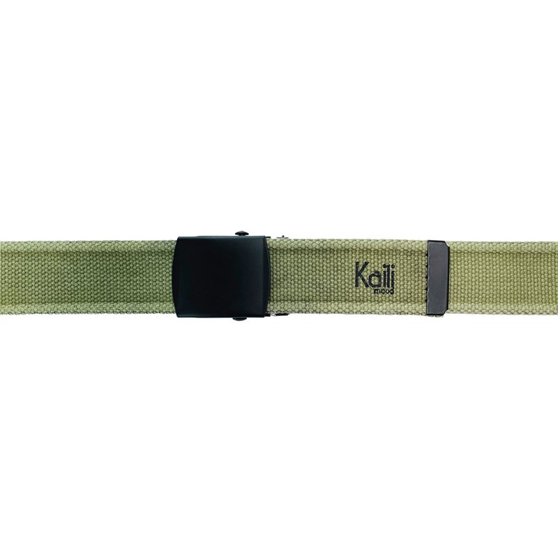 K4010EB | Stone Washed Canvas Ribbon Belt Col. Green with Matt Black Buckle. Dimensions: 125 x 4 x 0.5 cm One size - Can be shortened. Packaging: Rigid bottom/lid gift box
