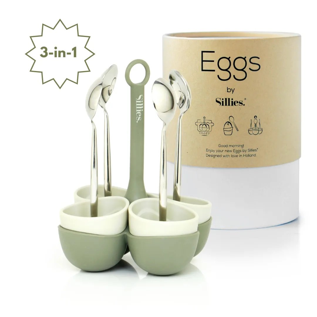 Eierset - 4x eierdopjes - 4x lepeltjes - 1x eierhouder - Cadeau - Pasen