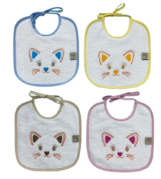 Soft, absorbent baby bibs with embroidered cat faces in various colors. Ideal for keeping babies clean and comfortable during mealtimes.
