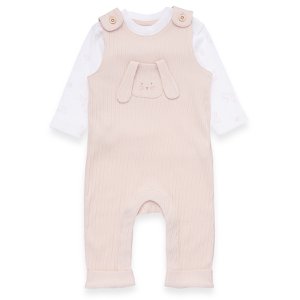 Baby Strampler Set - Shirt und Romper mit Brusttasche in Strukturmaterial - weiß und rosa