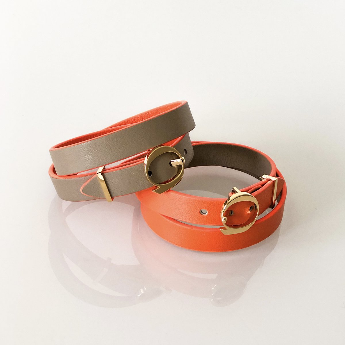 Pulsera de cuero DUO TWIST Beige - Naranja