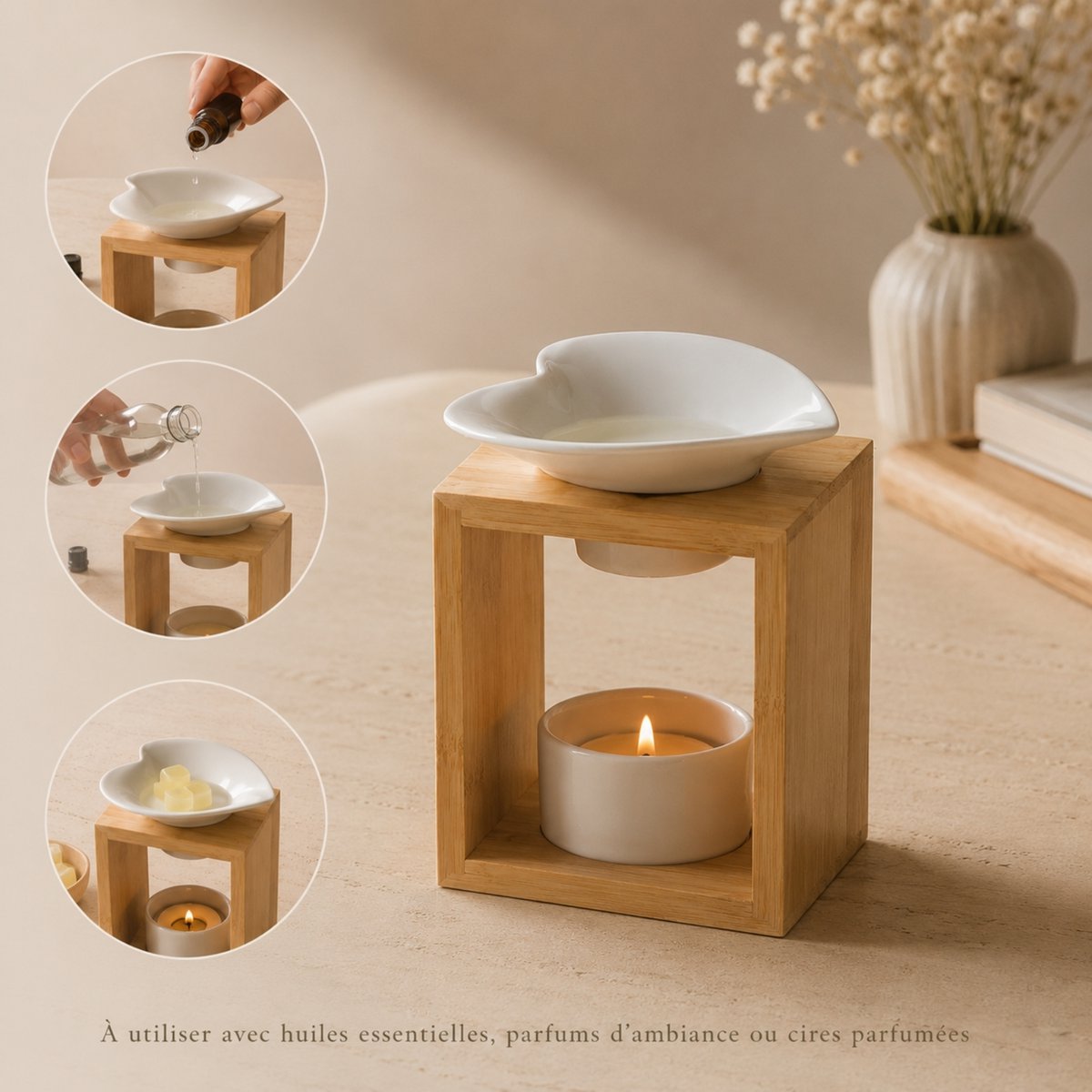 Brûleur Fondant Série Naturea Arum – Design Moderne et Epuré en Céramique et Bambou – Bougeoir Aromathérapie Diffuseur d'Arôme