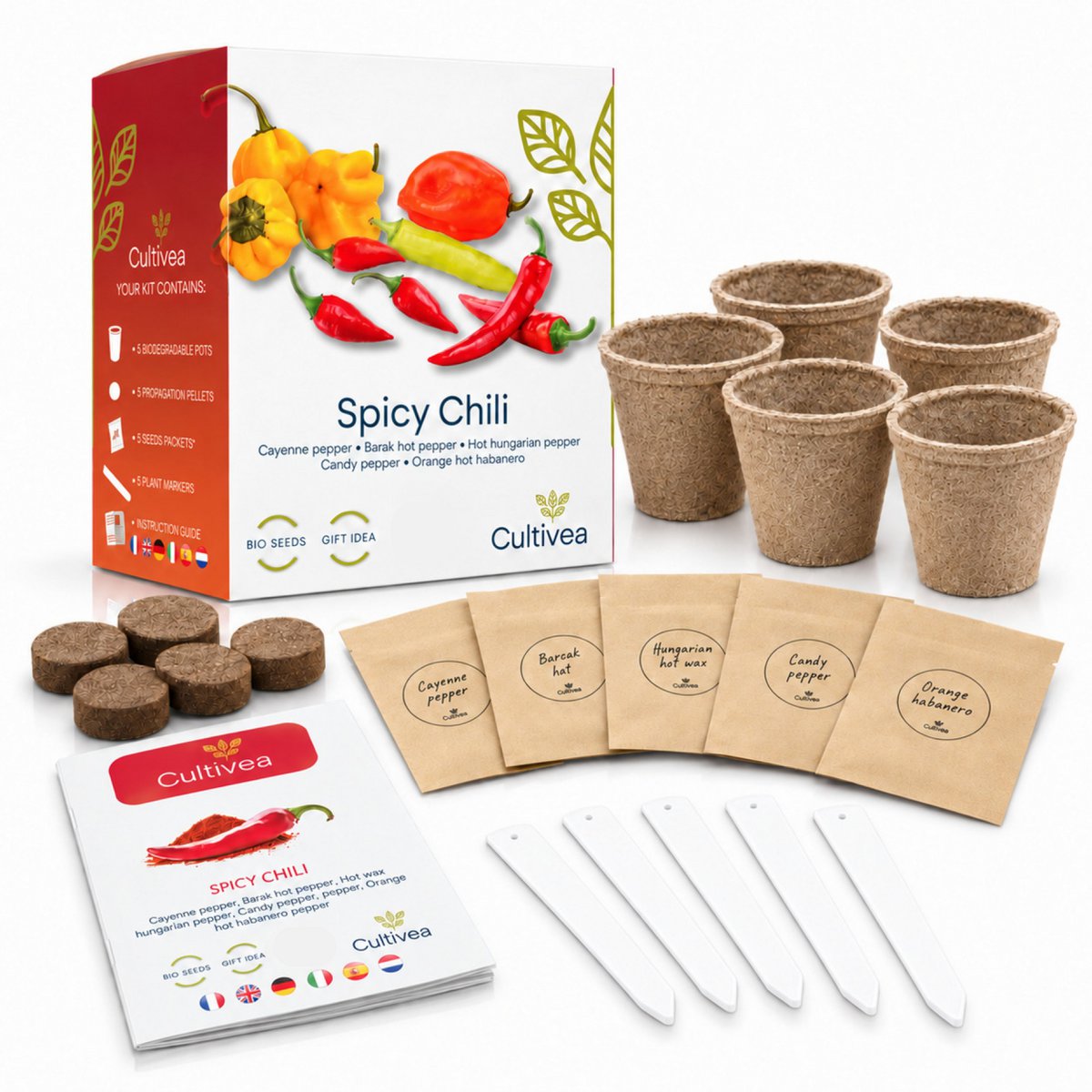 CULTIVEA® Kit de Ají Orgánico para Plantar - Caja de Semillas de Chile con Chile Habanero, Naranja, Cayena, Barak, Húngaro y Candy - Kit Completo de Semillas Vegetales - Idea de Regalo